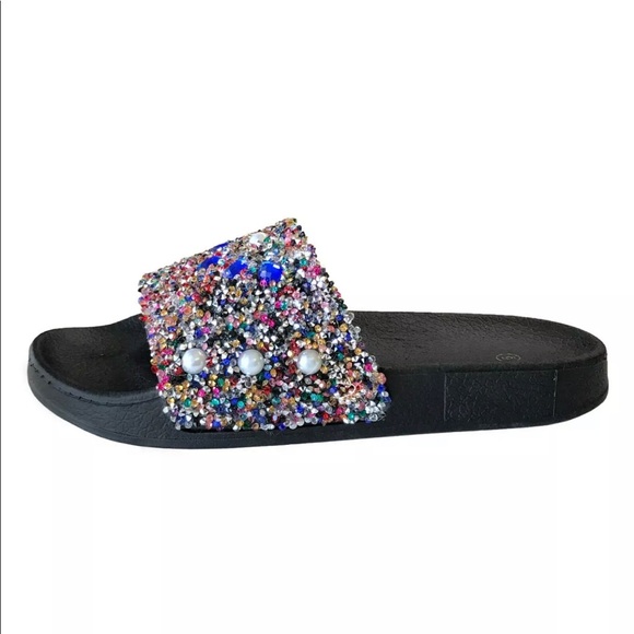 Women's Rhinestone Slide Sandals Slip On Flops - Picture 2 of 2